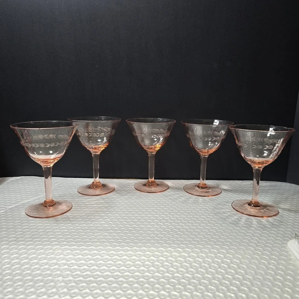 Vintage Pink Depression Glass Champagne Coupes Set Of 5 Etched Design